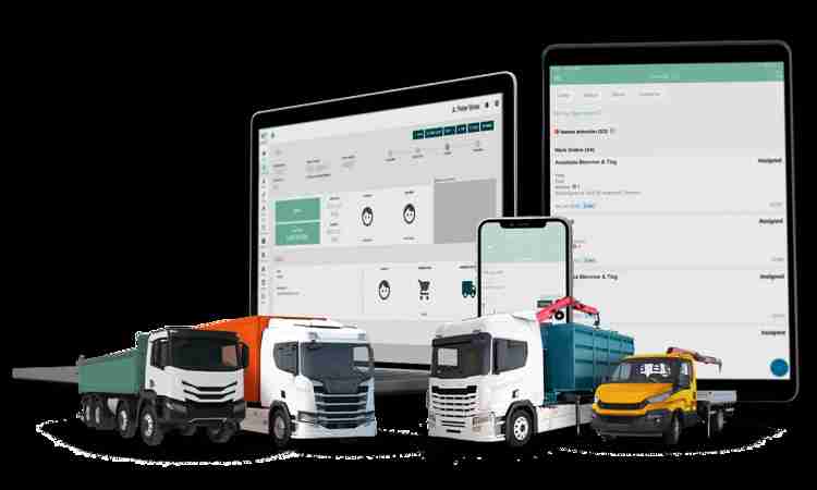 Headerbild för Workify Affärssystemet för åkerier och entreprenadföretag, 4 last- och kranbilar placerade framför bilder ur affärssystemet